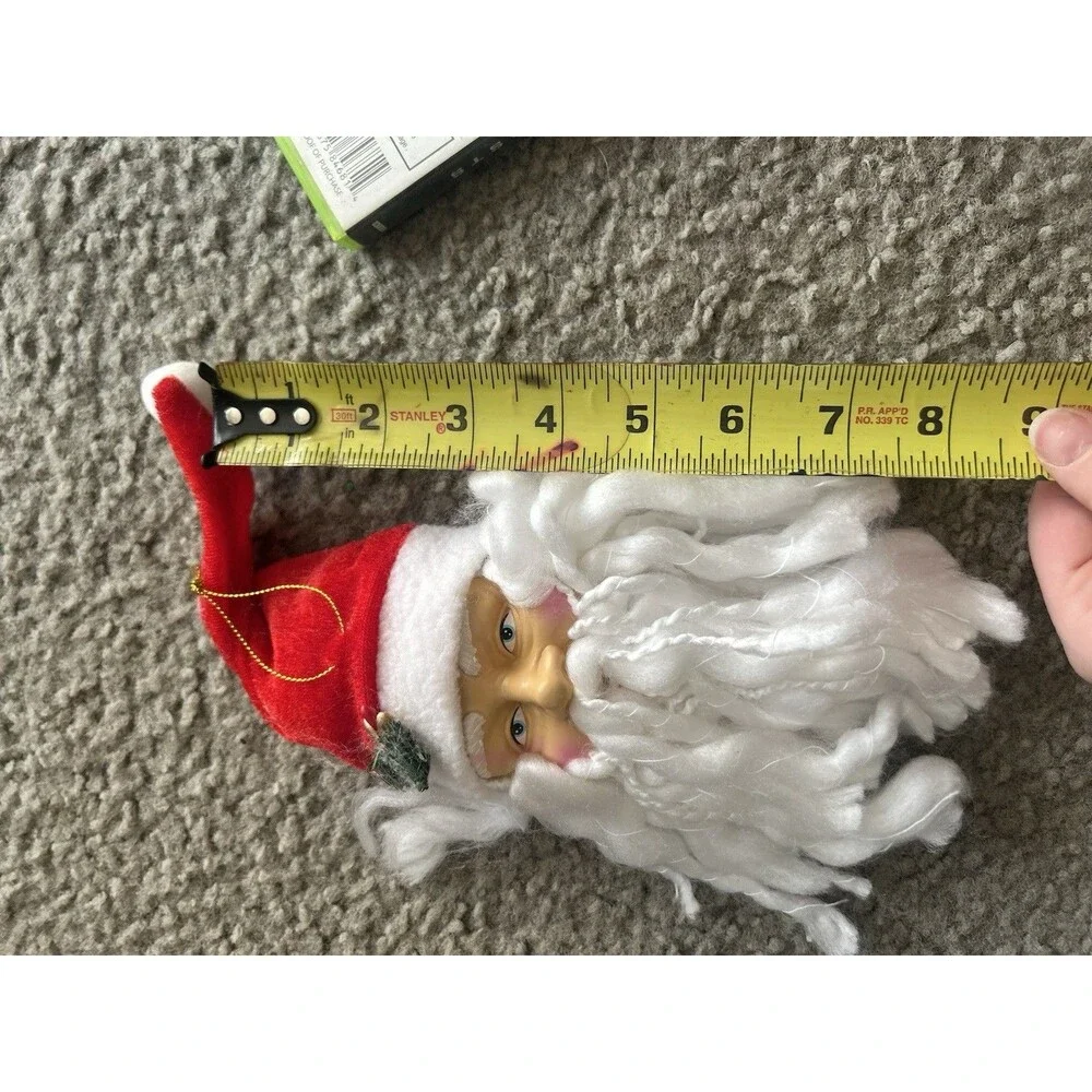 Vintage SANTA CLAUS Hard Plastic Face  White Yarn Beard Hanging Ornament VGC